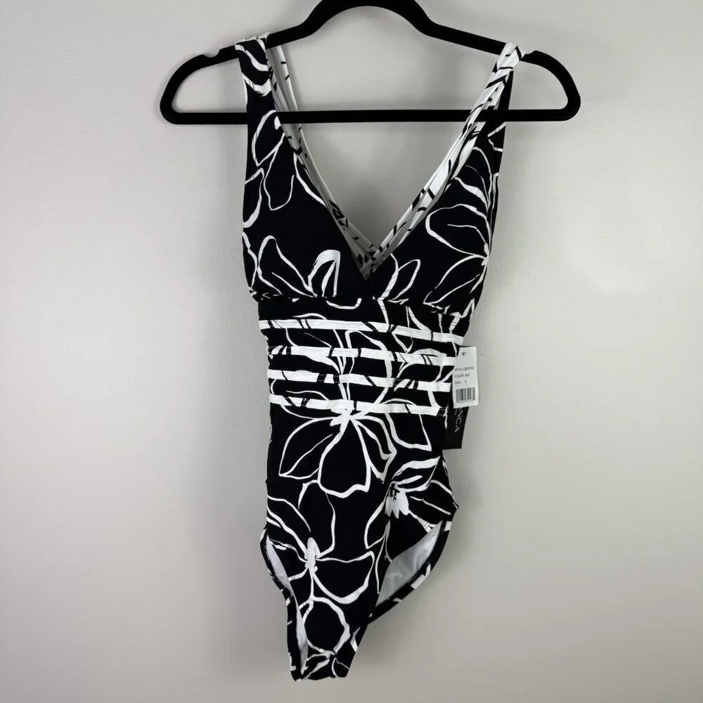 La Blanca Tummy Control One Piece Swimsuit 6 Black White Floral Strappy Back NWT